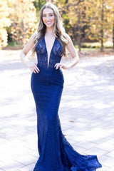 Rhinestone, Blue Halter V-Neck Mermaid Long Prom Dress