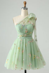 One-Shoulder A-Line Sage Green Homecoming Dress