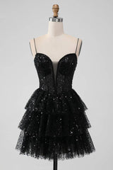 Black Sequins V-Neck A Line Ruffle Homecoming Dress