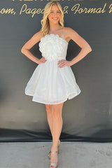 White Strapless A-Line Cocktail Dress with Flower