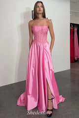 Corset Hot Pink Strapless A-Line Applique Prom Dress with Slit