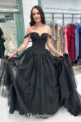 Off the Shoulder A-Line Black Wedding Dress with Rhinestone Appliuque