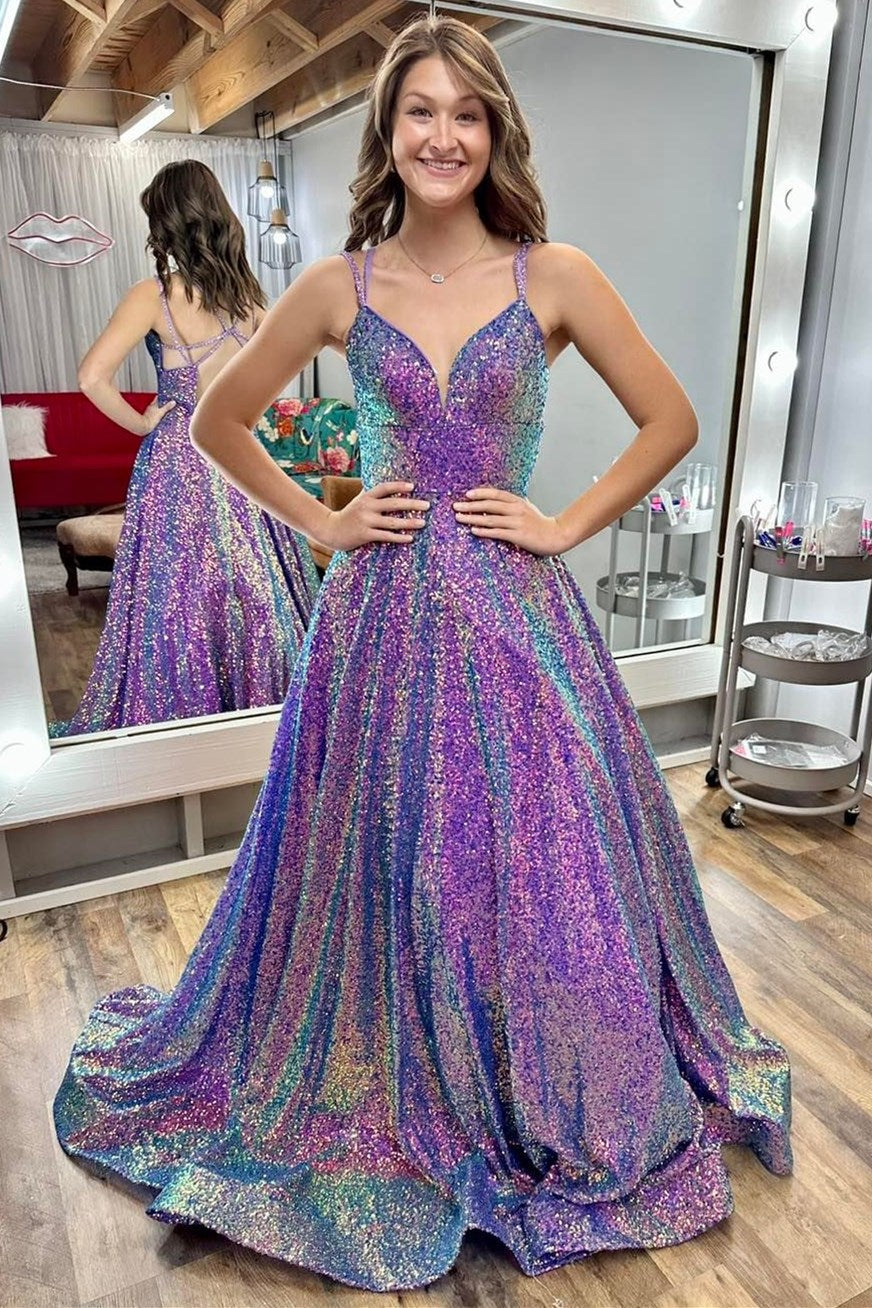 Purple Iridescent V-Neck Backless A-Line Long Prom Dress – Shedestiny