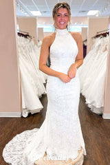 Lace White Halter Mermaid Sweep Train Wedding Dress with Sleeveless
