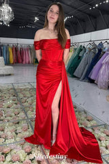 Pleated Off the Shoulder Red Coset Mermaid Slit Prom Dress