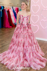 Flower Print Blush Strapless A-Line Prom Dress with Bowknot