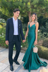 Dark Green Mermaid Spaghetti Straps Satin Long Prom Dress