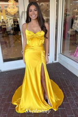 Spaghetti Straps Yellow Mermaid Satin Fishbone Prom Dress with Slit