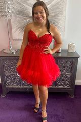 Red Beaded Strapless A-Line Homecoming Dress