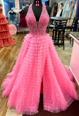 Applique Halter Bright Pink A-Line Ruffle Tiered V-Neck Prom Dress