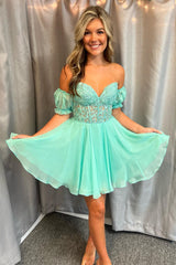 Aqua Blue Sweetheart Lace-Up A-Line Short Dress with Puff Sleeves