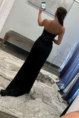 Strapless Applique Mermaid Black Long Prom Dress with Slit
