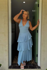 Blue Chiffon V-Neck Column Long Prom Dress with Ruffles