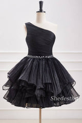 One-Shoulder Tulle Homecoming Dress with Rhinestone