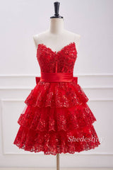 Red Sequins Strapless A-Line Homecoming Dress