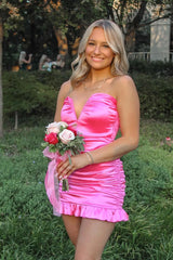 Dignified Hot Pink V-Neck Short Sheath Homecoming Dress