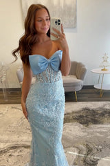 Sky Blue Mermaid Strapless Long Corset Prom Dress with Appliques