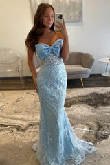 Sky Blue Mermaid Strapless Long Corset Prom Dress with Appliques