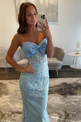 Sky Blue Mermaid Strapless Long Corset Prom Dress with Appliques