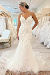 Spaghetti Straps Ivory Mermaid Pleated Tulle Sweep Train Bride Dress