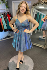 Glitter Ombre Cold-Shoulder A-Line Short Party Dress