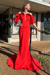 Red Ruffle Off-Shoulder Mermaid Satin Banquet Long Dress