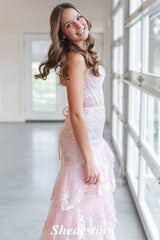 Strapless Pink Mermaid Sequin Tiered Ruffles Prom Dress