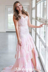 Sweetheart Pink Mermaid Sequin Tiered Ruffles Prom Dress