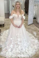 Ivory A-Line Off the Shoulder Court Train Wedding Dress Applique