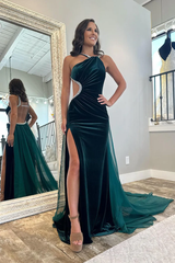 Elegant Emerald Rhinestone Side Cutout Halter Prom Dress in Velvet