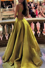 Yellowish Green A-Line Spaghetti Straps Satin Long Prom Dress with Train