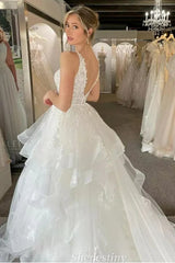 Pluning V-Neck Beach Tulle A-Line Layered Ivory Wedding Dress