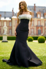 Black Mermaid Satin Long Prom Dress with Ruffles