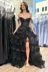 Black Off the Shoulder Princess Long Prom Dress with Slit