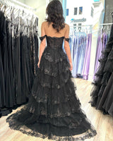 Black Off the Shoulder Princess Long Prom Dress with Slit