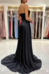 Black Satin Ruched Sweetheart Long Prom Dress with Slit