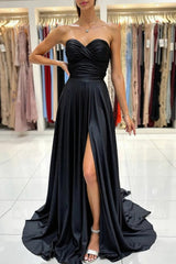 Black Satin Ruched Sweetheart Long Prom Dress with Slit