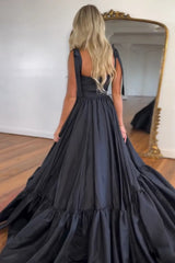 Black Satin Spaghetti Straps A-Line Long Prom Dress