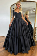 Black Satin Spaghetti Straps A-Line Long Prom Dress