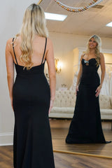Black Satin Spaghetti Straps Sheath Long Prom Dress