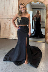 Black Satin Strapless Sheath Long Prom Dress with Slit