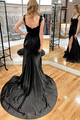 Black Spaghetti Straps Sheath Satin Applique Long Prom Dress with Slit