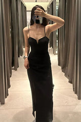 Black Spaghetti Straps Sheath Satin Long Prom Dress