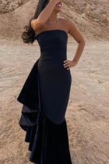Black Strapless Mermaid Satin Long Prom Dress Sleeveless