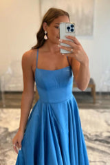 Blue A-Line Spaghetti Straps Long Prom Dress