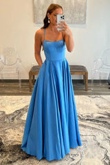 Blue A-Line Spaghetti Straps Long Prom Dress
