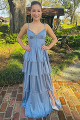 Blue A-line Spaghetti Straps Long Prom Dress with Slit