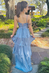 Blue A-line Spaghetti Straps Long Prom Dress with Slit