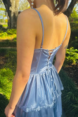 Blue A-line Spaghetti Straps Long Prom Dress with Slit
