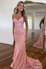 Blush Mermaid Lace Open Back Spaghetti Straps Long Prom Dress
